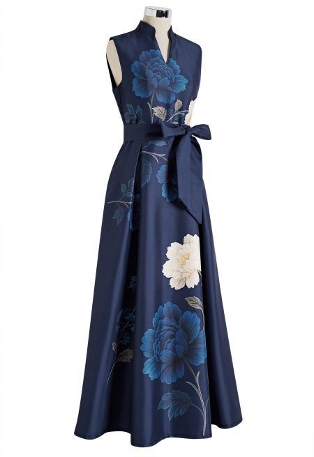 Peony Print Tie-Waist Sleeveless Maxi Dress