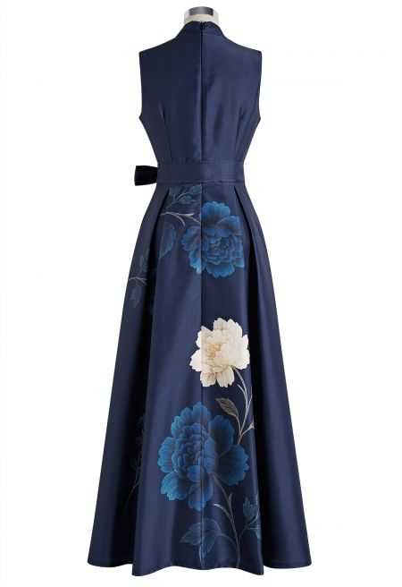 Peony Print Tie-Waist Sleeveless Maxi Dress