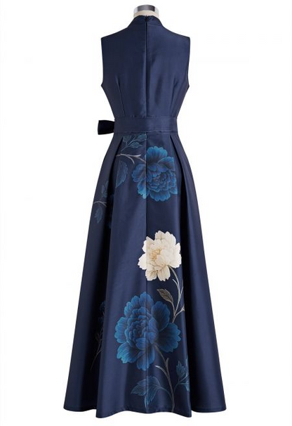 Peony Print Tie-Waist Sleeveless Maxi Dress