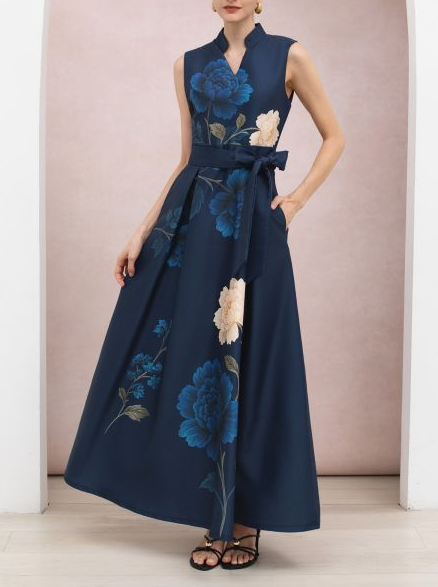 Peony Print Tie-Waist Sleeveless Maxi Dress
