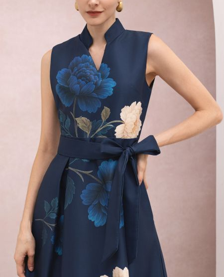 Peony Print Tie-Waist Sleeveless Maxi Dress