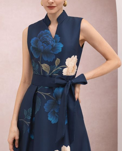 Peony Print Tie-Waist Sleeveless Maxi Dress