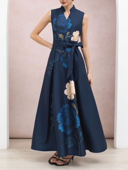 Peony Print Tie-Waist Sleeveless Maxi Dress