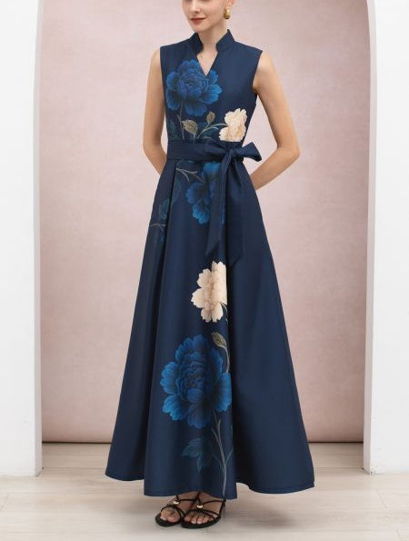 Peony Print Tie-Waist Sleeveless Maxi Dress