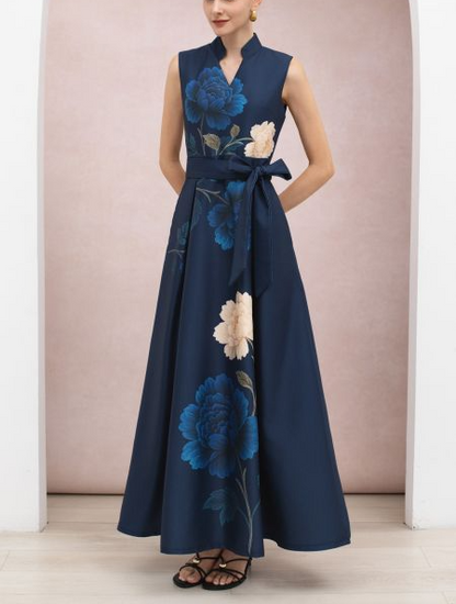 Peony Print Tie-Waist Sleeveless Maxi Dress