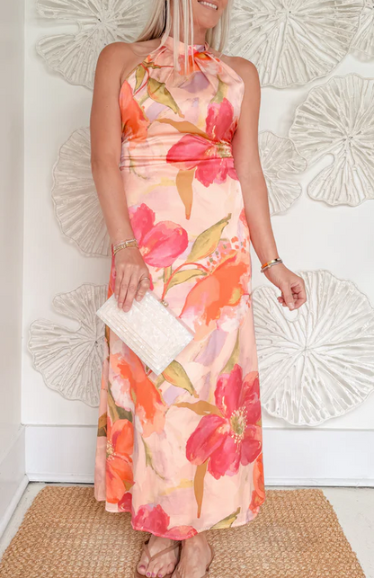 Pink Floral Satin Midi Dress