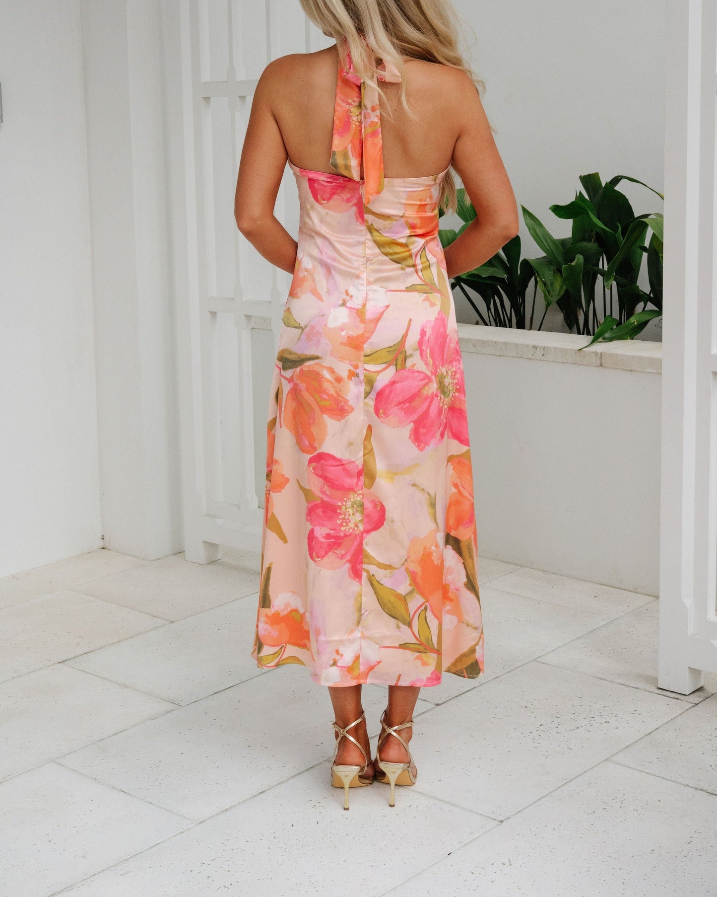 Pink Floral Satin Midi Dress