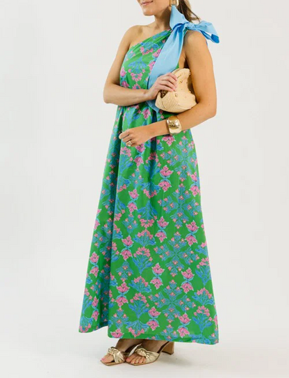 Bow Shoulder Floral Maxi Dress, Green