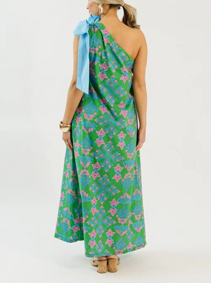 Bow Shoulder Floral Maxi Dress, Green