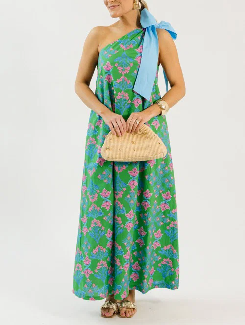 Bow Shoulder Floral Maxi Dress, Green