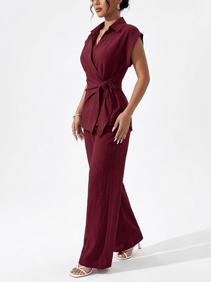Sleeve Tie Waist Button Down Shirt +Wide Leg Pants