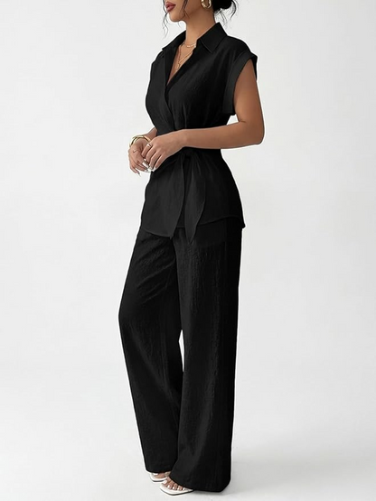 Sleeve Tie Waist Button Down Shirt +Wide Leg Pants