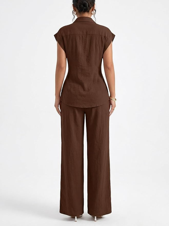 Sleeve Tie Waist Button Down Shirt +Wide Leg Pants