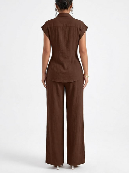 Sleeve Tie Waist Button Down Shirt +Wide Leg Pants
