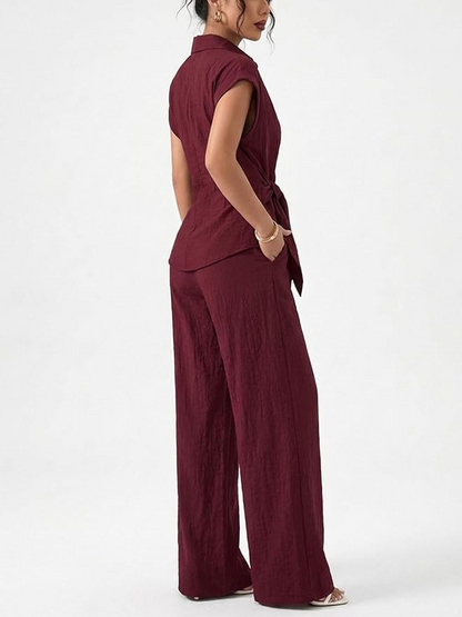 Sleeve Tie Waist Button Down Shirt +Wide Leg Pants