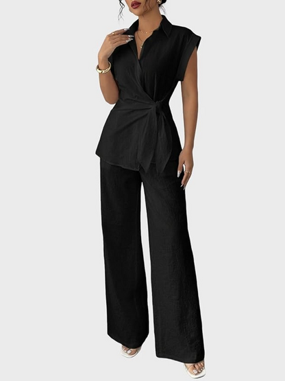 Sleeve Tie Waist Button Down Shirt +Wide Leg Pants