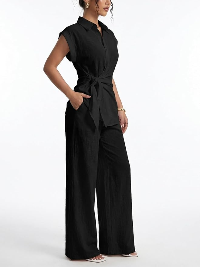Sleeve Tie Waist Button Down Shirt +Wide Leg Pants