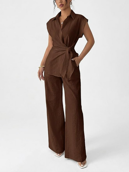 Sleeve Tie Waist Button Down Shirt +Wide Leg Pants