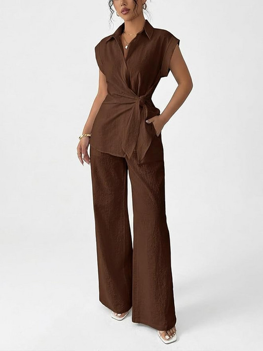Sleeve Tie Waist Button Down Shirt +Wide Leg Pants