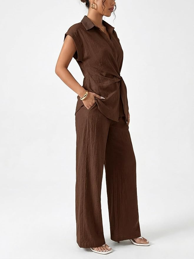 Sleeve Tie Waist Button Down Shirt +Wide Leg Pants