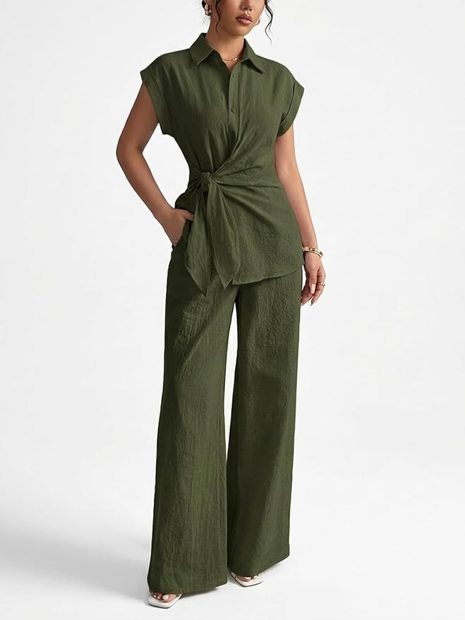 Sleeve Tie Waist Button Down Shirt +Wide Leg Pants