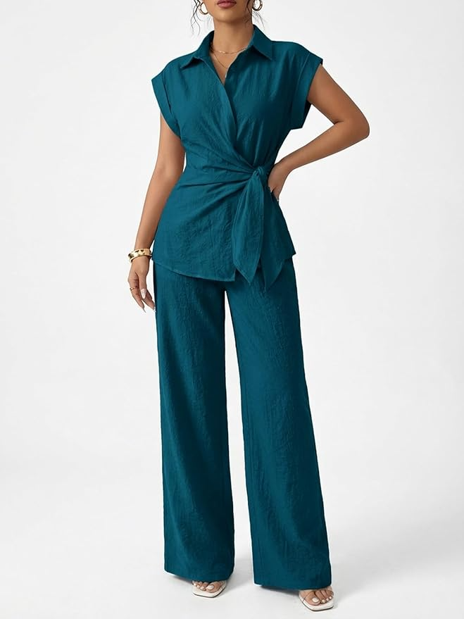 Sleeve Tie Waist Button Down Shirt +Wide Leg Pants