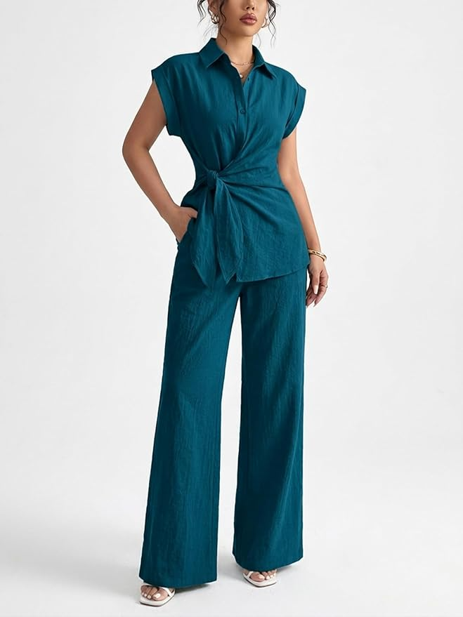 Sleeve Tie Waist Button Down Shirt +Wide Leg Pants