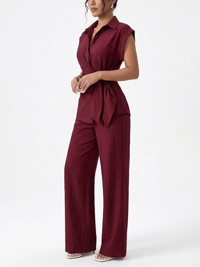 Sleeve Tie Waist Button Down Shirt +Wide Leg Pants