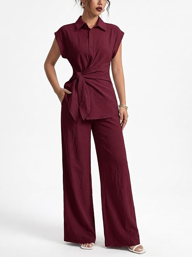 Sleeve Tie Waist Button Down Shirt +Wide Leg Pants