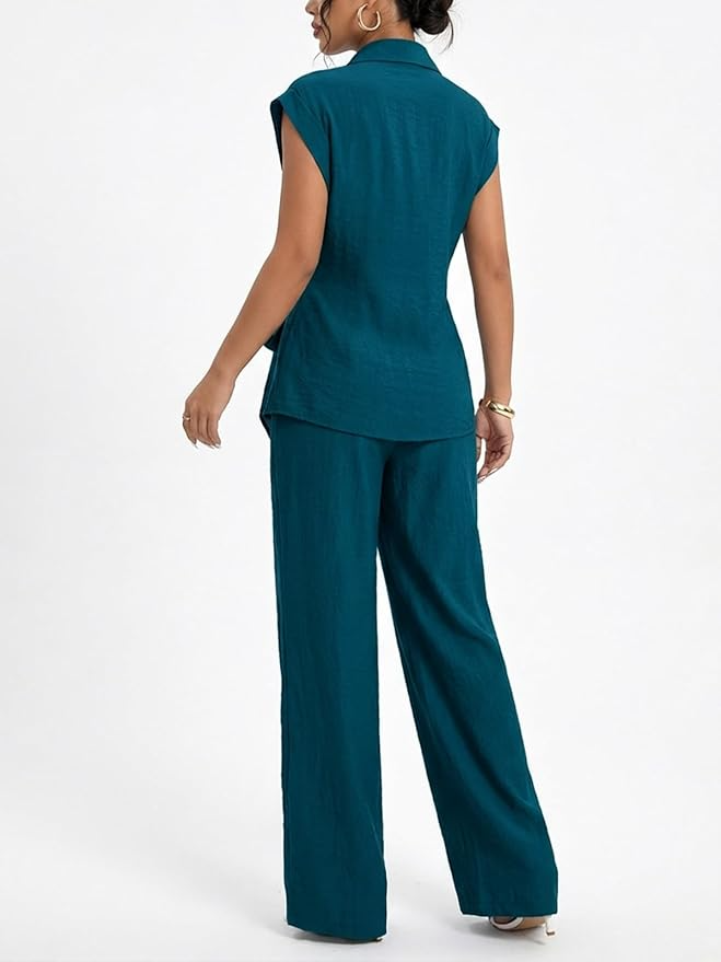 Sleeve Tie Waist Button Down Shirt +Wide Leg Pants