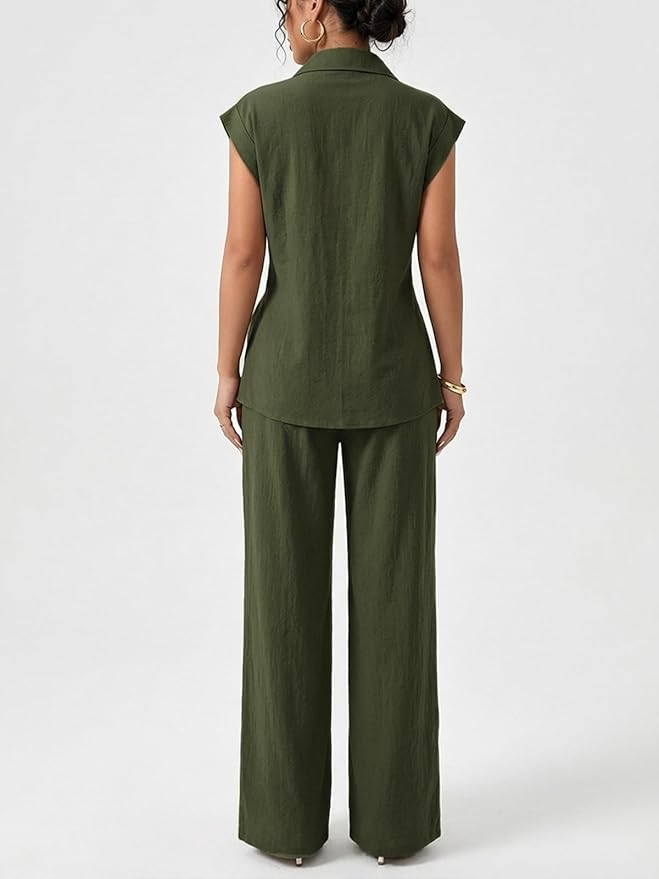 Sleeve Tie Waist Button Down Shirt +Wide Leg Pants
