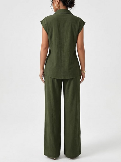 Sleeve Tie Waist Button Down Shirt +Wide Leg Pants