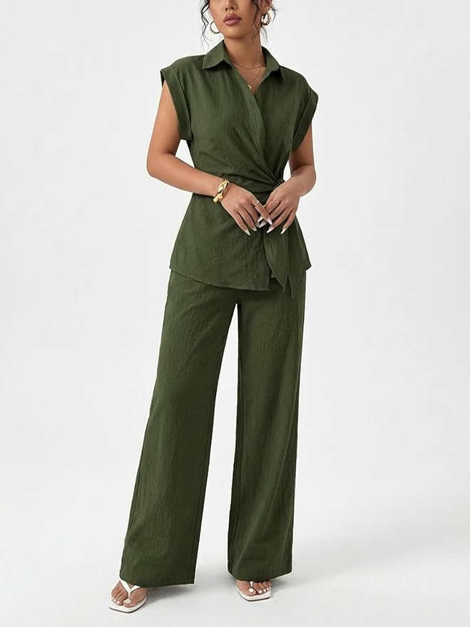 Sleeve Tie Waist Button Down Shirt +Wide Leg Pants