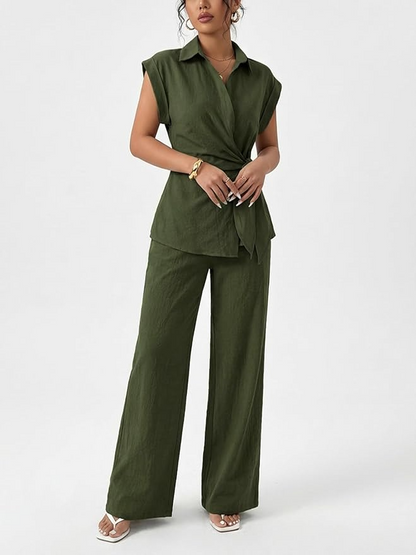 Sleeve Tie Waist Button Down Shirt +Wide Leg Pants