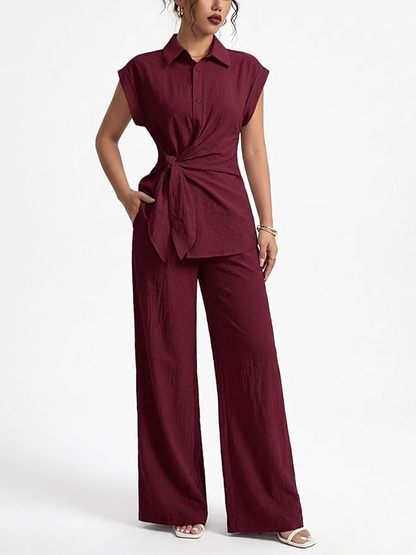 Sleeve Tie Waist Button Down Shirt +Wide Leg Pants