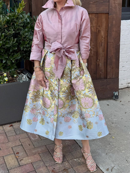 Floral Print Jacquard 3/4 Sleeves Shirt Dress