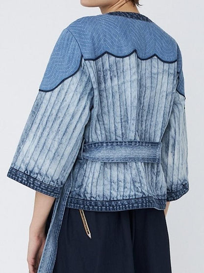Washed Denim 3/4-length Sleeves Belted Jacket
