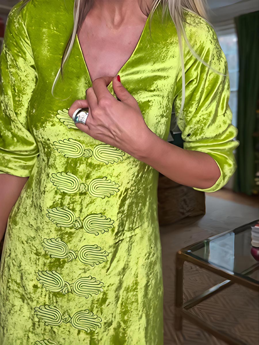 Embroidered V Neck Elegant Velvet Dress