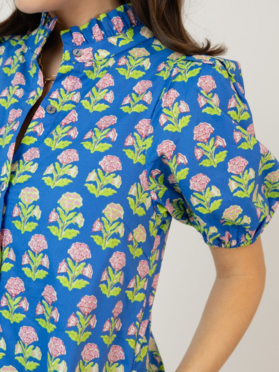 Floral Print Ruffled Neck Short Puff Sleeves Maxi Dress