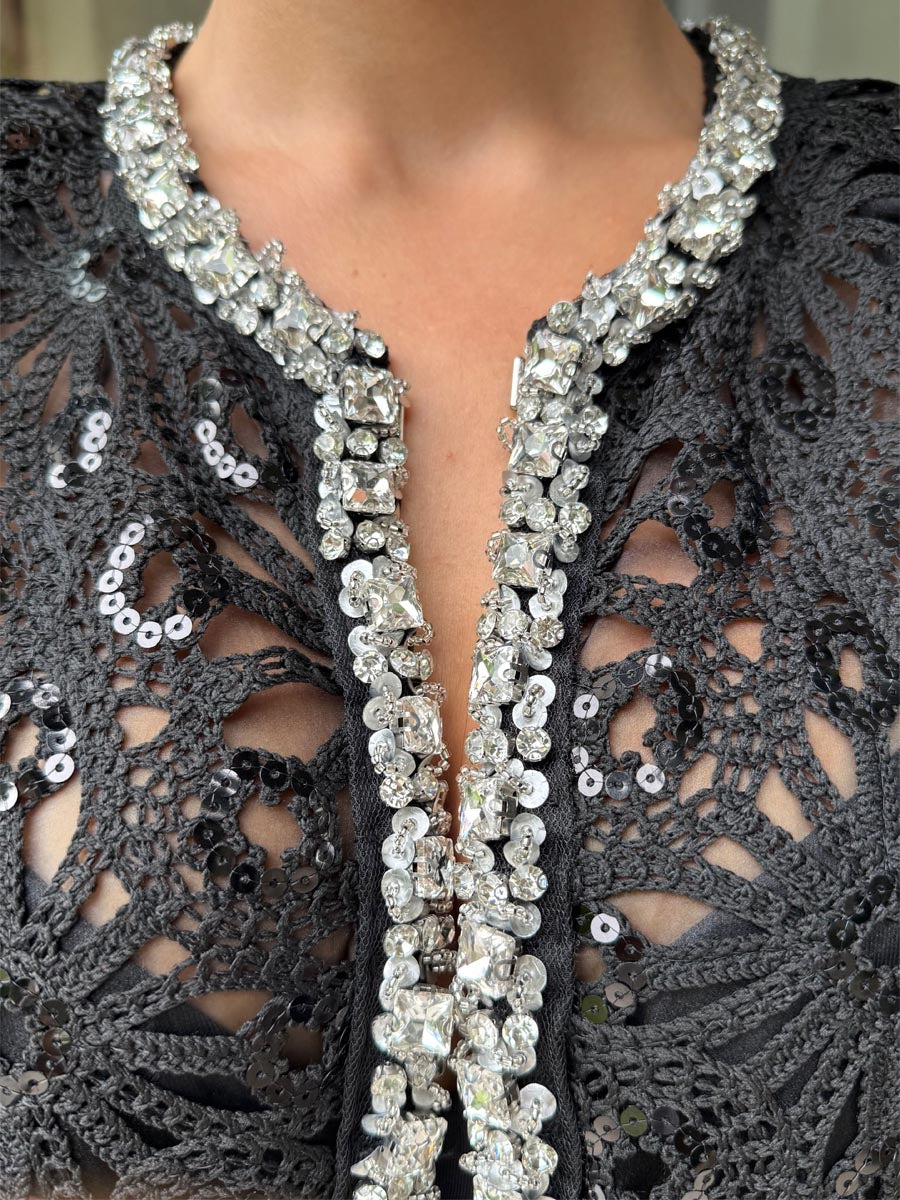 Rhinestone Sequin Adorned Crochet Lace Cardigan