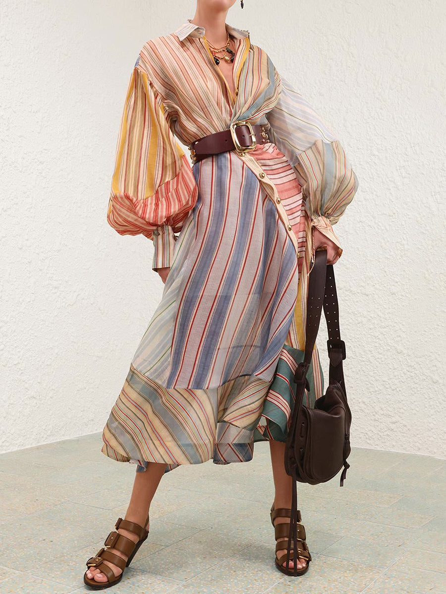 Fashion Striped Print Puff Sleeves Wrapped Maxi Dress