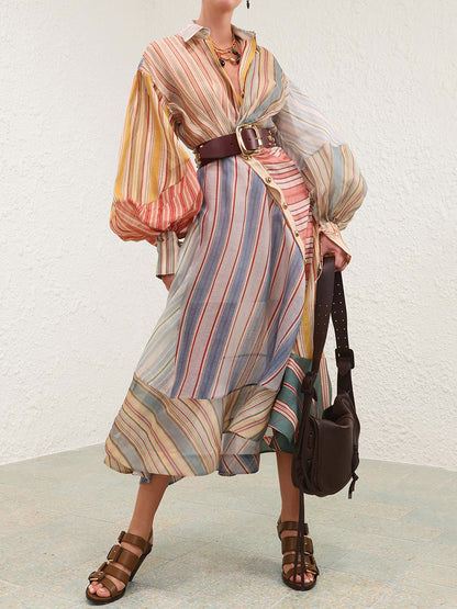 Fashion Striped Print Puff Sleeves Wrapped Maxi Dress
