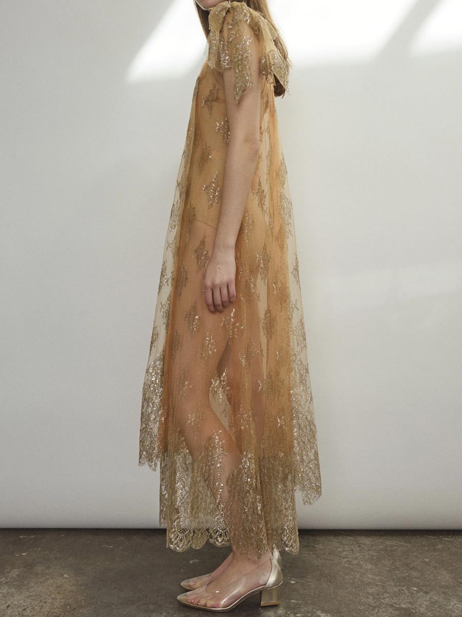 Mock Neck Cap Sleeve Lace Maxi Dress