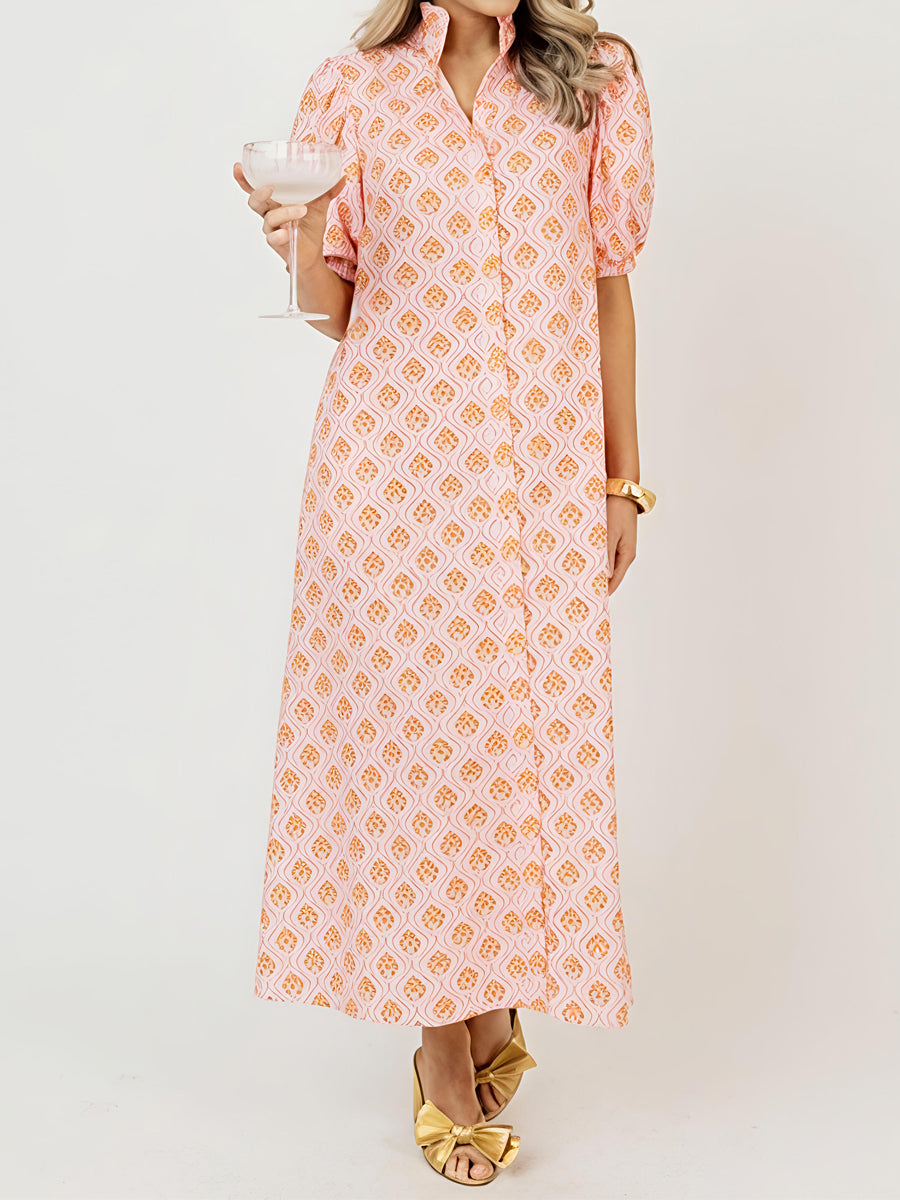 Printed Ruffle Collar Puff Sleeve Maxi Dress