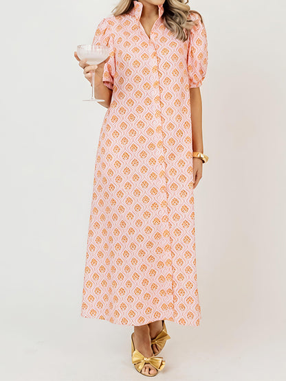 Printed Ruffle Collar Puff Sleeve Maxi Dress