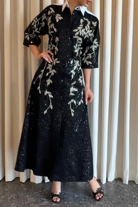 Sequin Shirt Collar Midi Dress