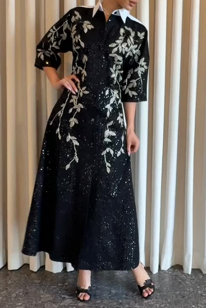 Sequin Shirt Collar Midi Dress