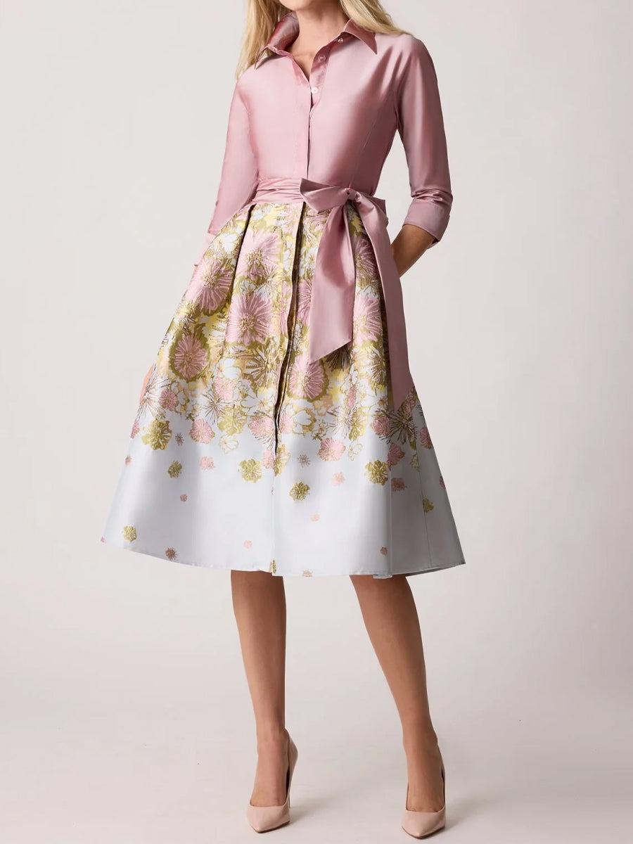 Floral Print Jacquard 3/4 Sleeves Shirt Dress