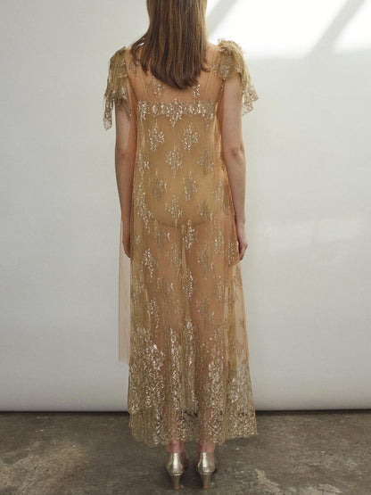 Mock Neck Cap Sleeve Lace Maxi Dress