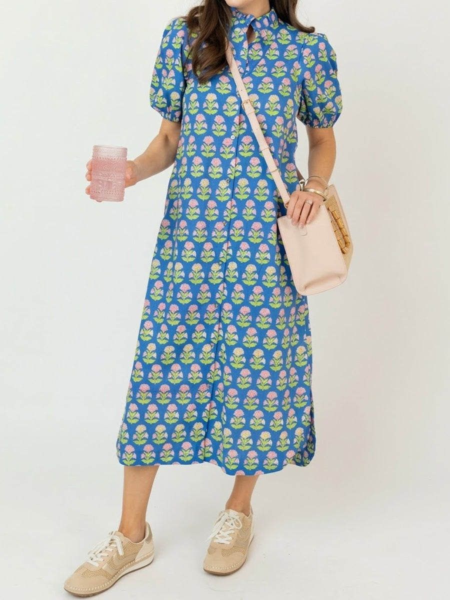 Floral Print Ruffled Neck Short Puff Sleeves Maxi Dress